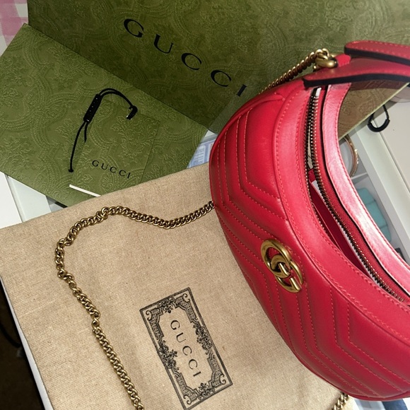 Gucci Red Matelassé Leather Mini GG Marmont Half Moon Shoulder Bag - Picture 5 of 9